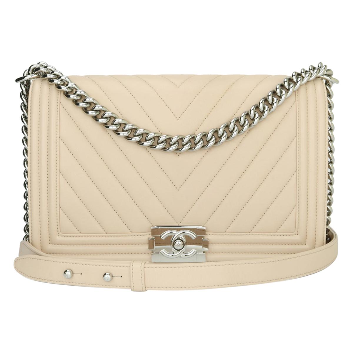 Chanel Small Raffia Boy Bag with Metallic Pink Chevron Stitch and Brus –  Sellier