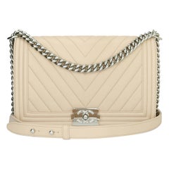 CHANEL New Medium Chevron Boy Bag Nude Calfskin with Silver Hardware 2016