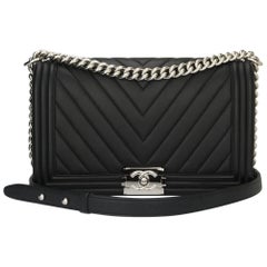 Chanel New Medium Chevron Boy Black Calfskin with Shiny Silver Hardware 2016