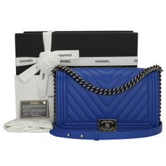 CHANEL New Medium Chevron Boy Blue Calfskin with Ruthenium Hardware 2016