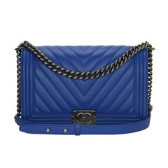 CHANEL New Medium Chevron Boy Blue Calfskin with Ruthenium Hardware 2016