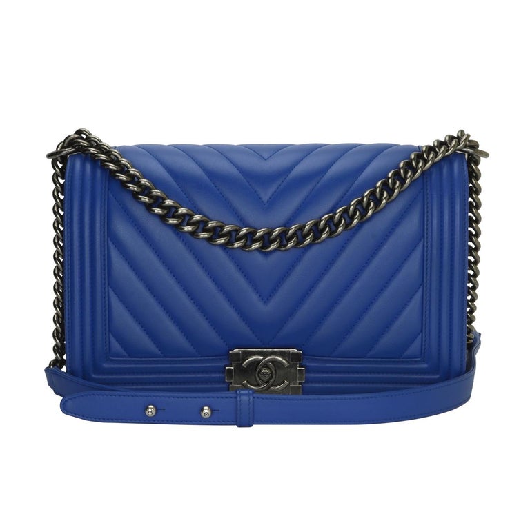 CHANEL New Medium Chevron Boy Blue Calfskin with Ruthenium Hardware