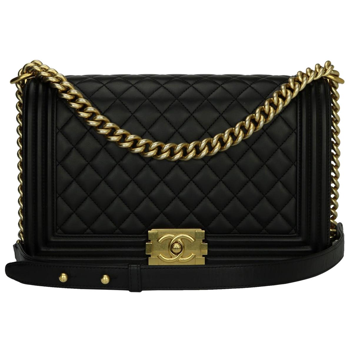 CHANEL New Medium Quilted Boy Bag Black Lambskin with Brushed Gold Hardware 2015