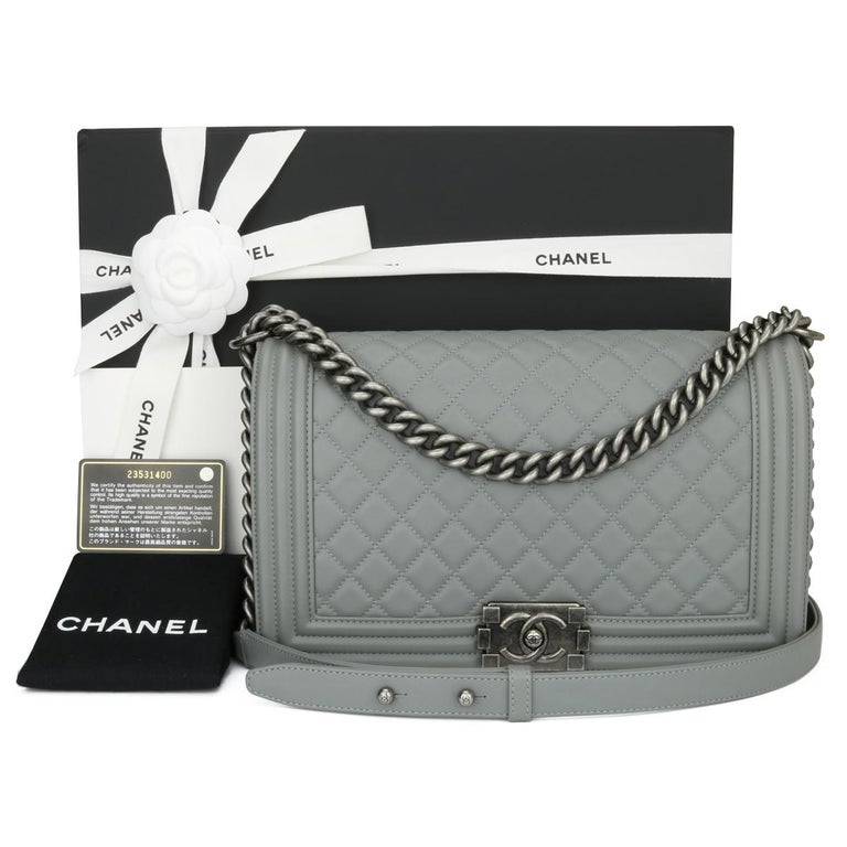 CHANEL New Medium Quilted Boy Bag Grey Calfskin with Ruthenium