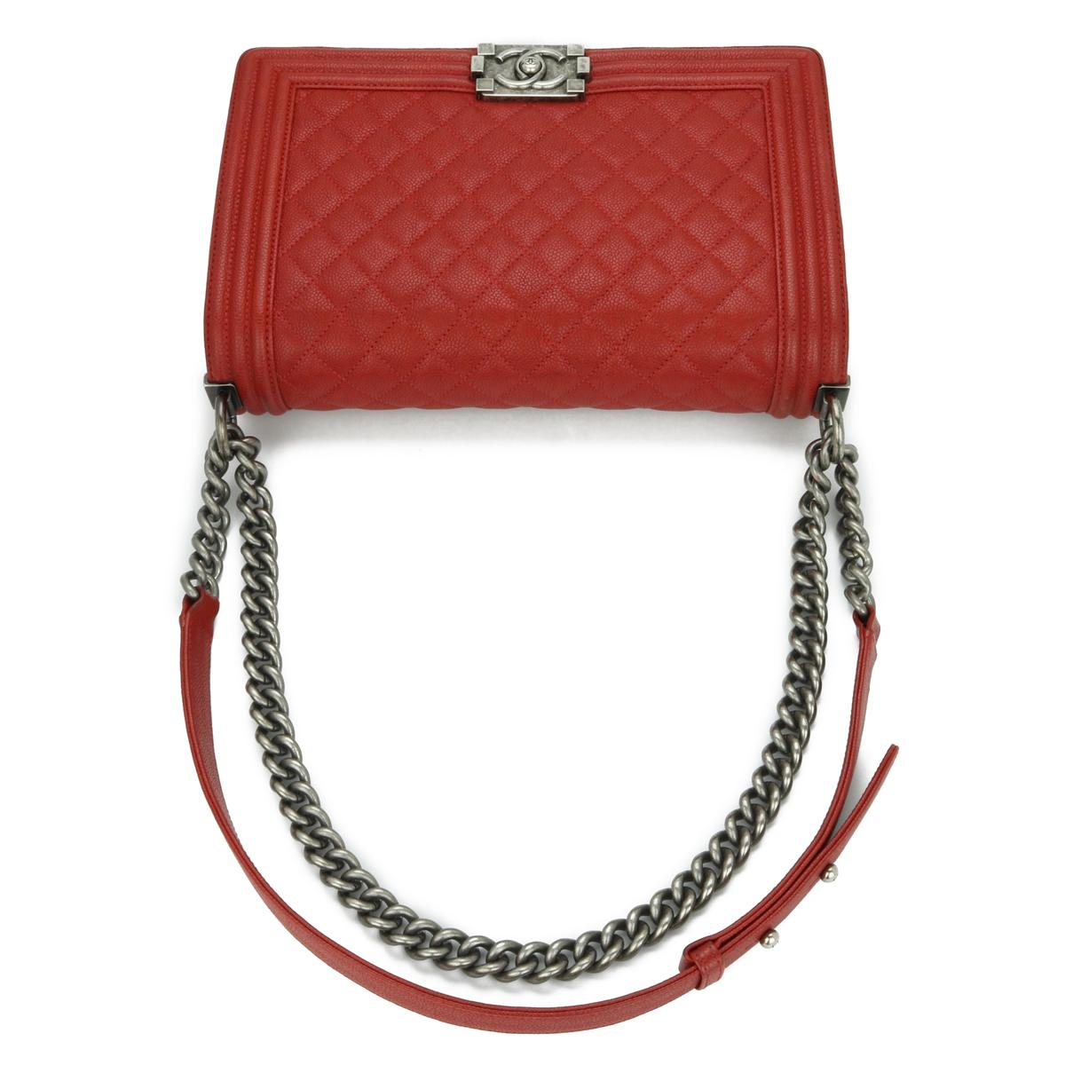 CHANEL New Medium Quilted Boy Bag in Red Caviar with Ruthenium Hardware 2016 For Sale 7