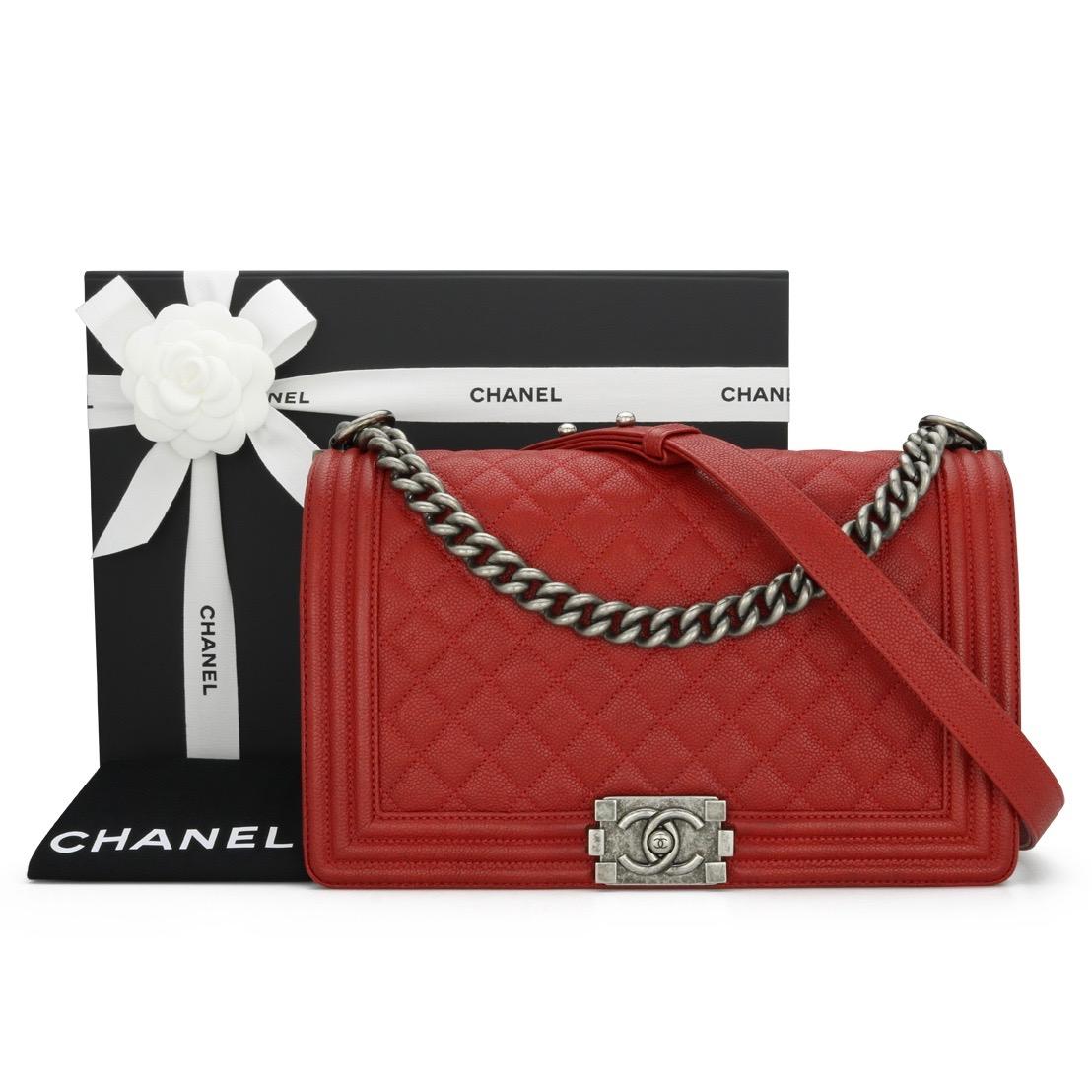 CHANEL New Medium Quilted Boy Bag in Red Caviar with Ruthenium Hardware 2016 – 16A.

This stunning bag is still in good condition. It still holds its shape well, and the hardware is still very clean and shiny.

- Exterior Condition: Good condition.