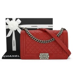 CHANEL New Medium Quilted Boy Bag in Red Caviar with Ruthenium Hardware 2016