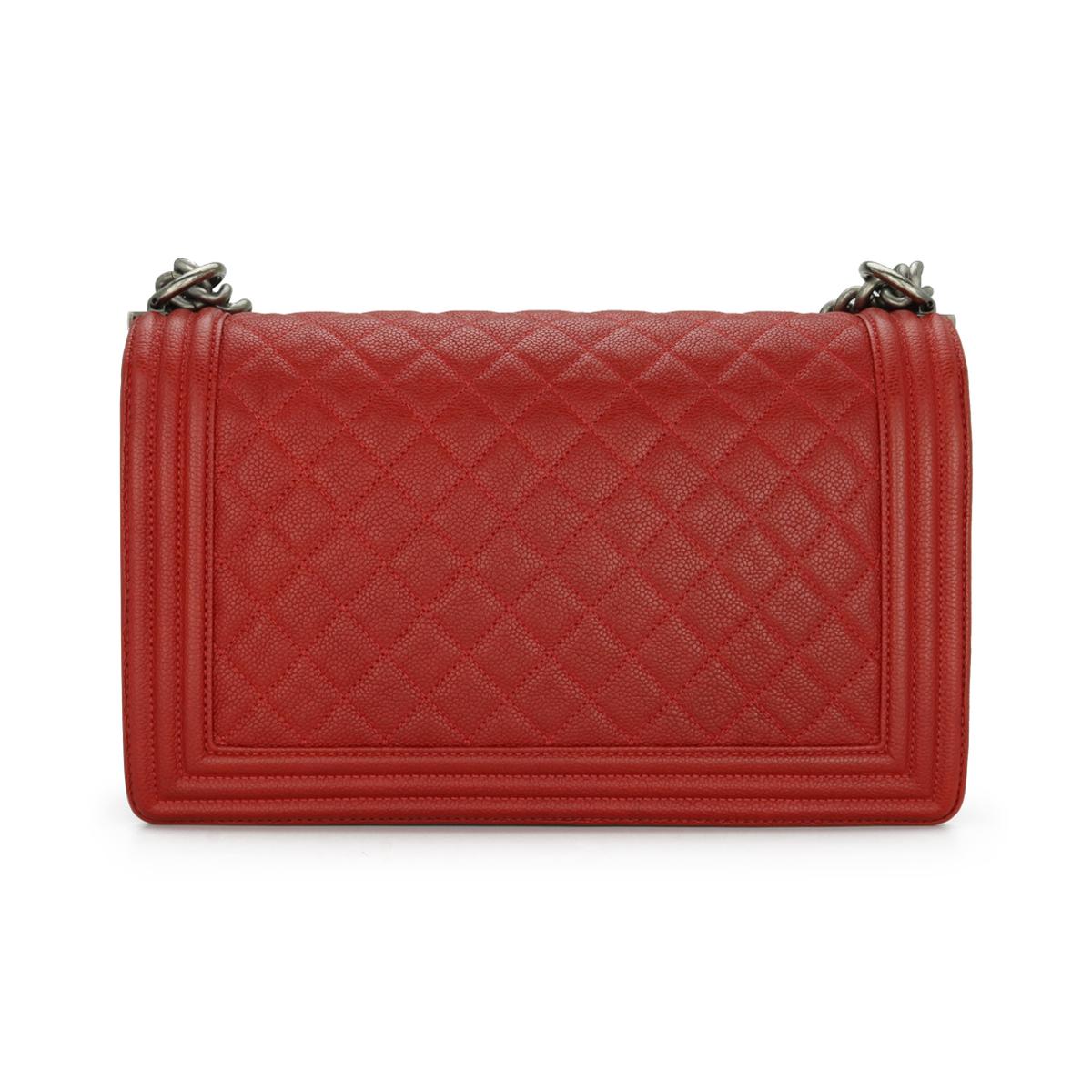 CHANEL New Medium Quilted Boy Bag in Red Caviar with Ruthenium Hardware 2016 In Fair Condition For Sale In Huddersfield, GB
