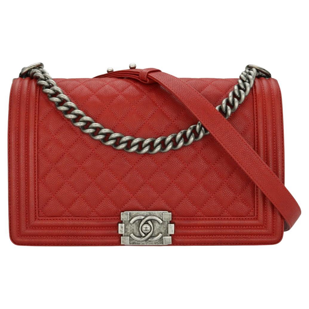 CHANEL New Medium Quilted Boy Bag in Red Caviar with Ruthenium Hardware 2016 For Sale