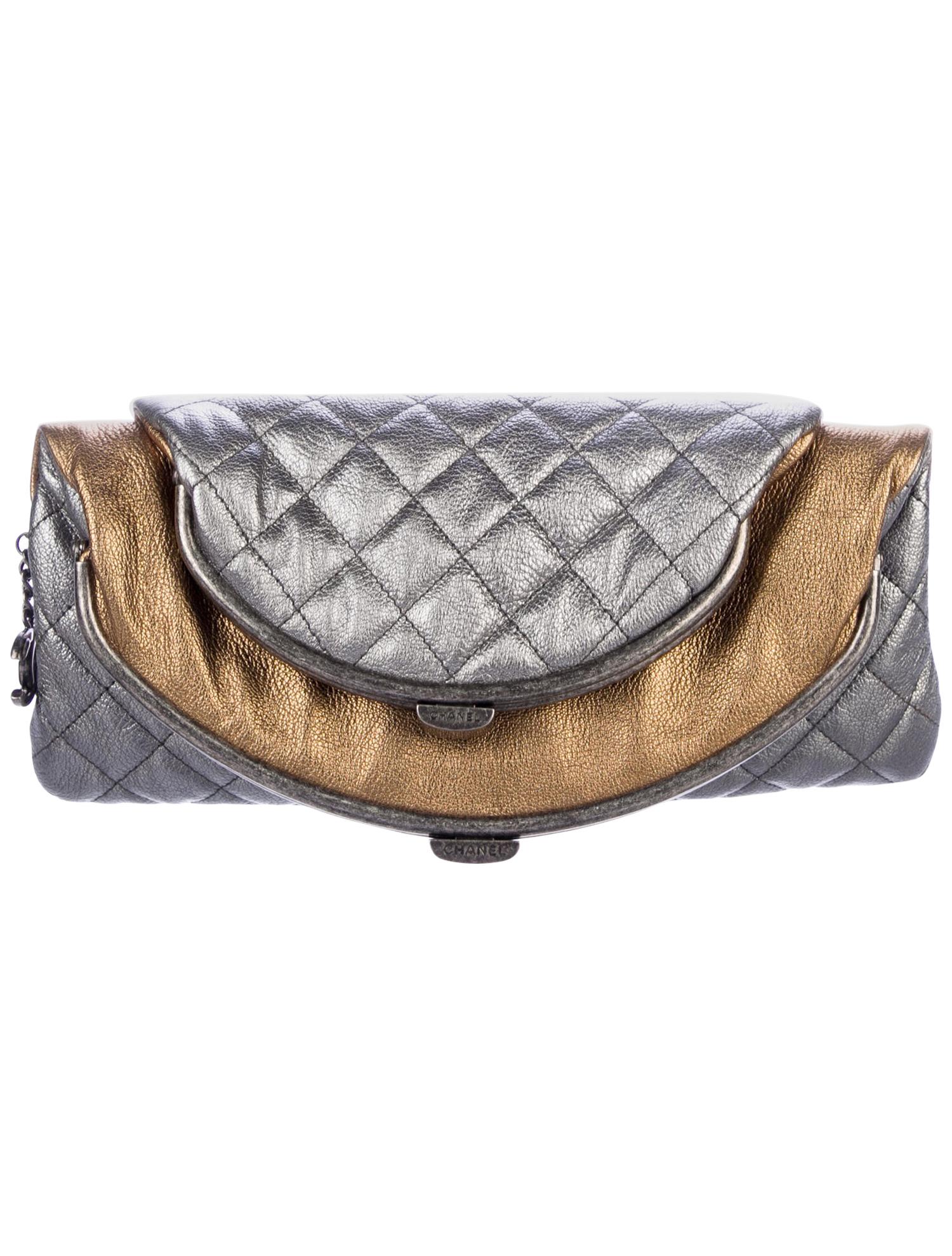 Chanel Metallic Silver Gold Leather Bronze Envelope Evening Clutch Bag For  Sale at 1stDibs