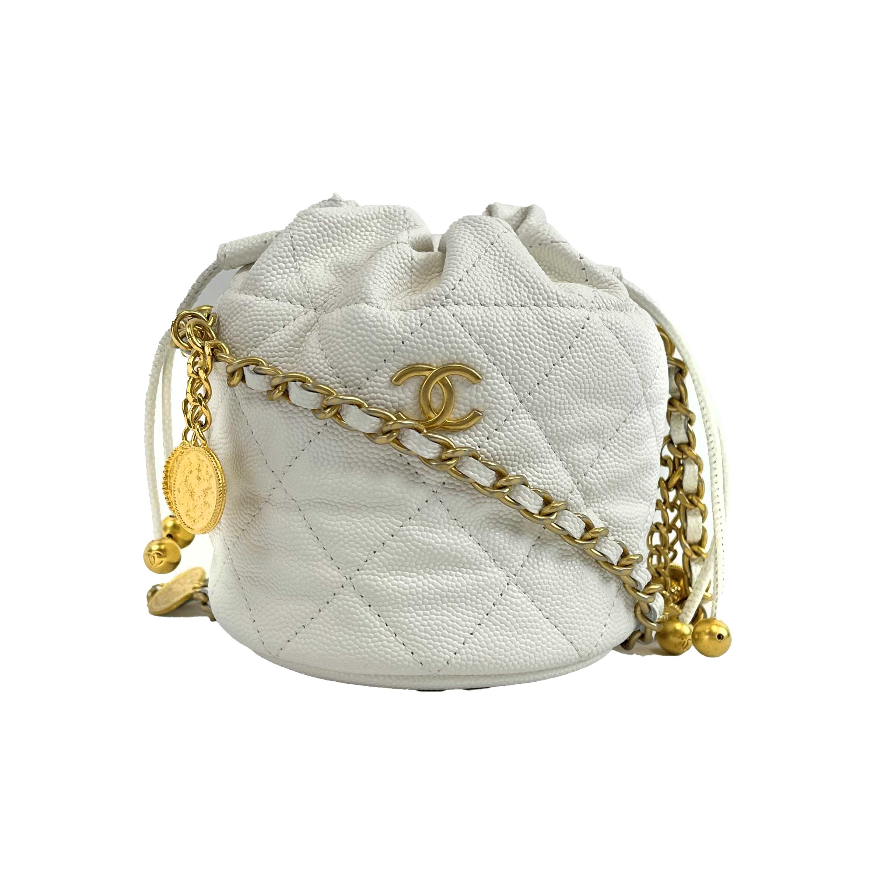 CHANEL - NEW Mini Bucket Bag - White Caviar Leather / Gold 10 Coins CC Crossbody For Sale 5