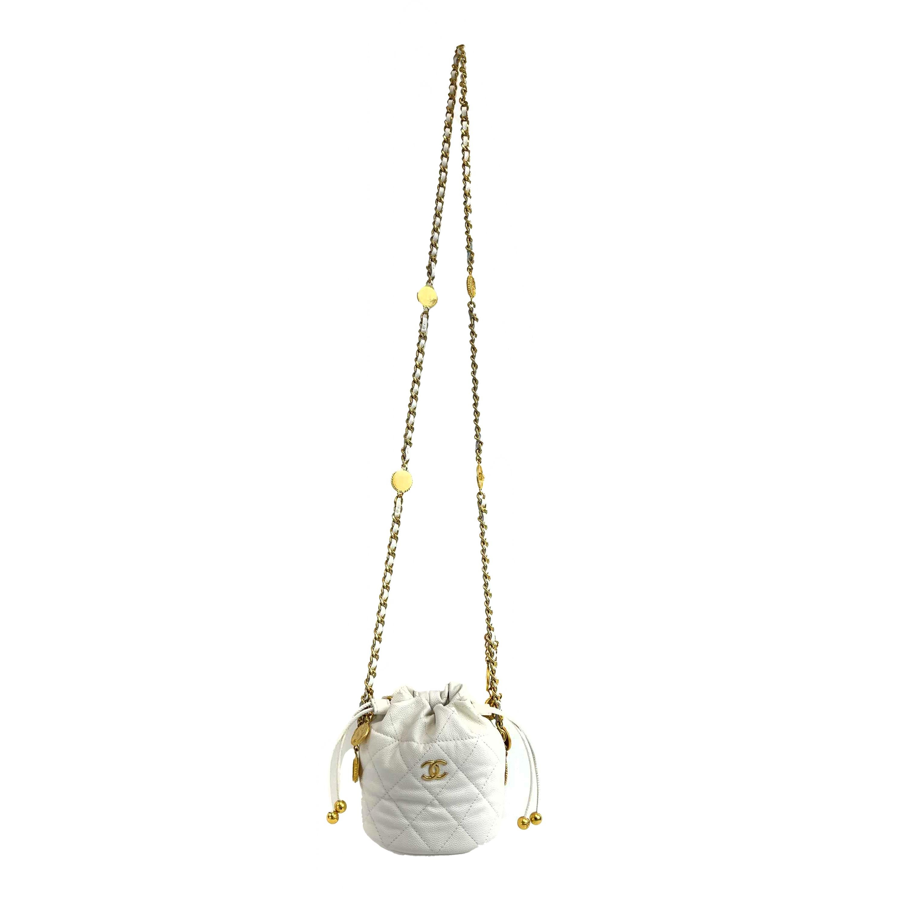 CHANEL - NEW Mini Bucket Bag - White Caviar Leather / Gold 10 Coins CC Crossbody For Sale 6