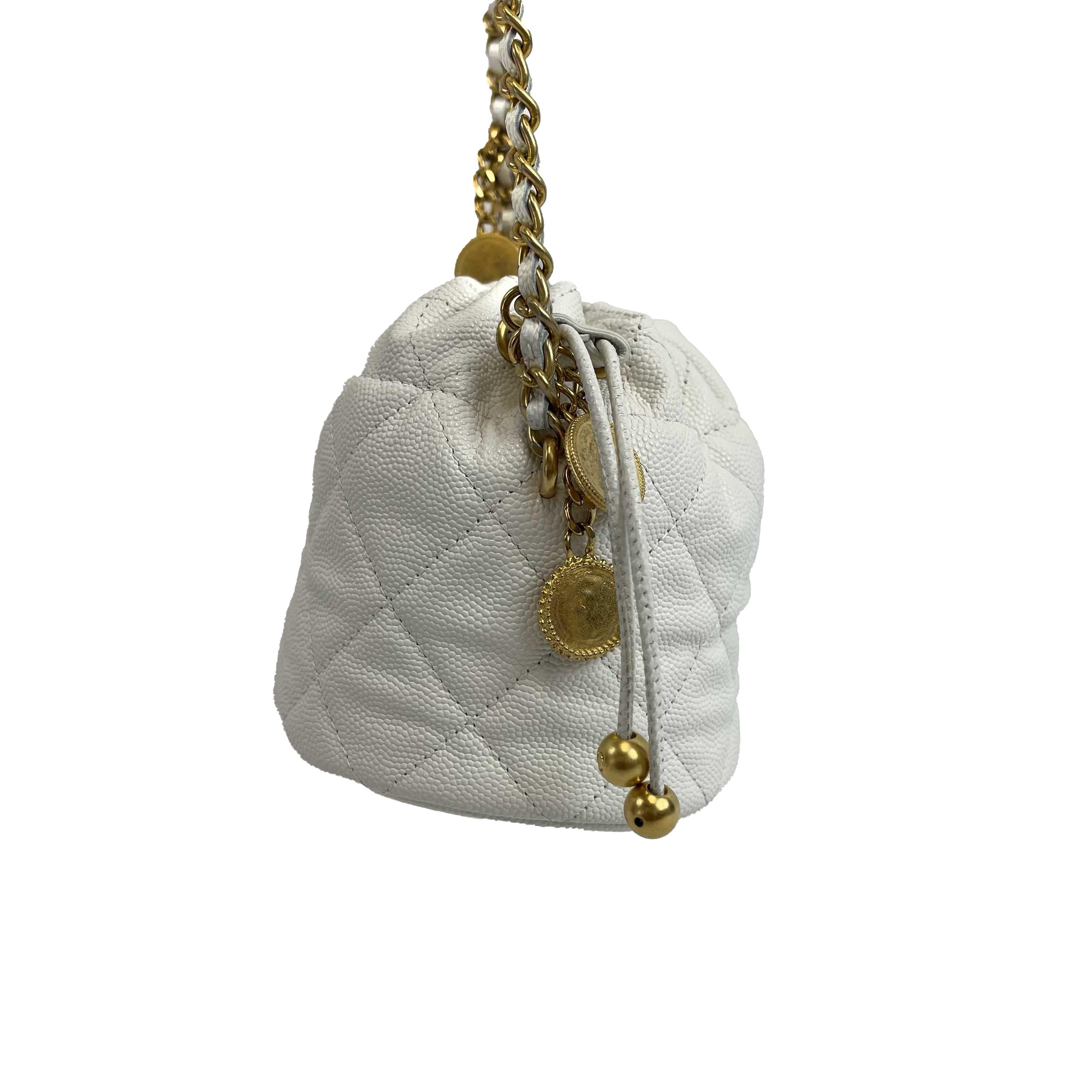 CHANEL - NEW Mini Bucket Bag - White Caviar Leather / Gold 10 Coins CC Crossbody For Sale 10