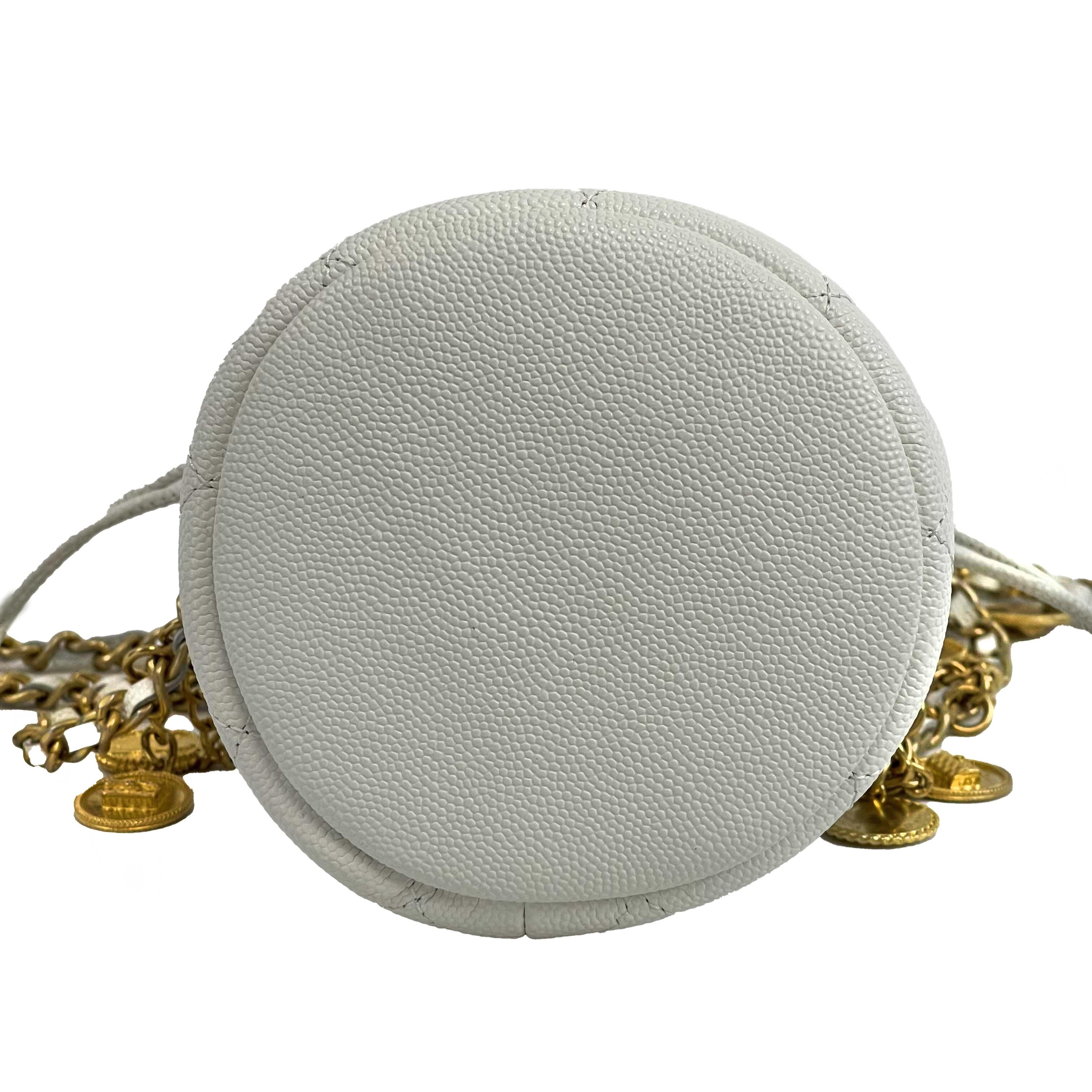 Gray CHANEL - NEW Mini Bucket Bag - White Caviar Leather / Gold 10 Coins CC Crossbody For Sale