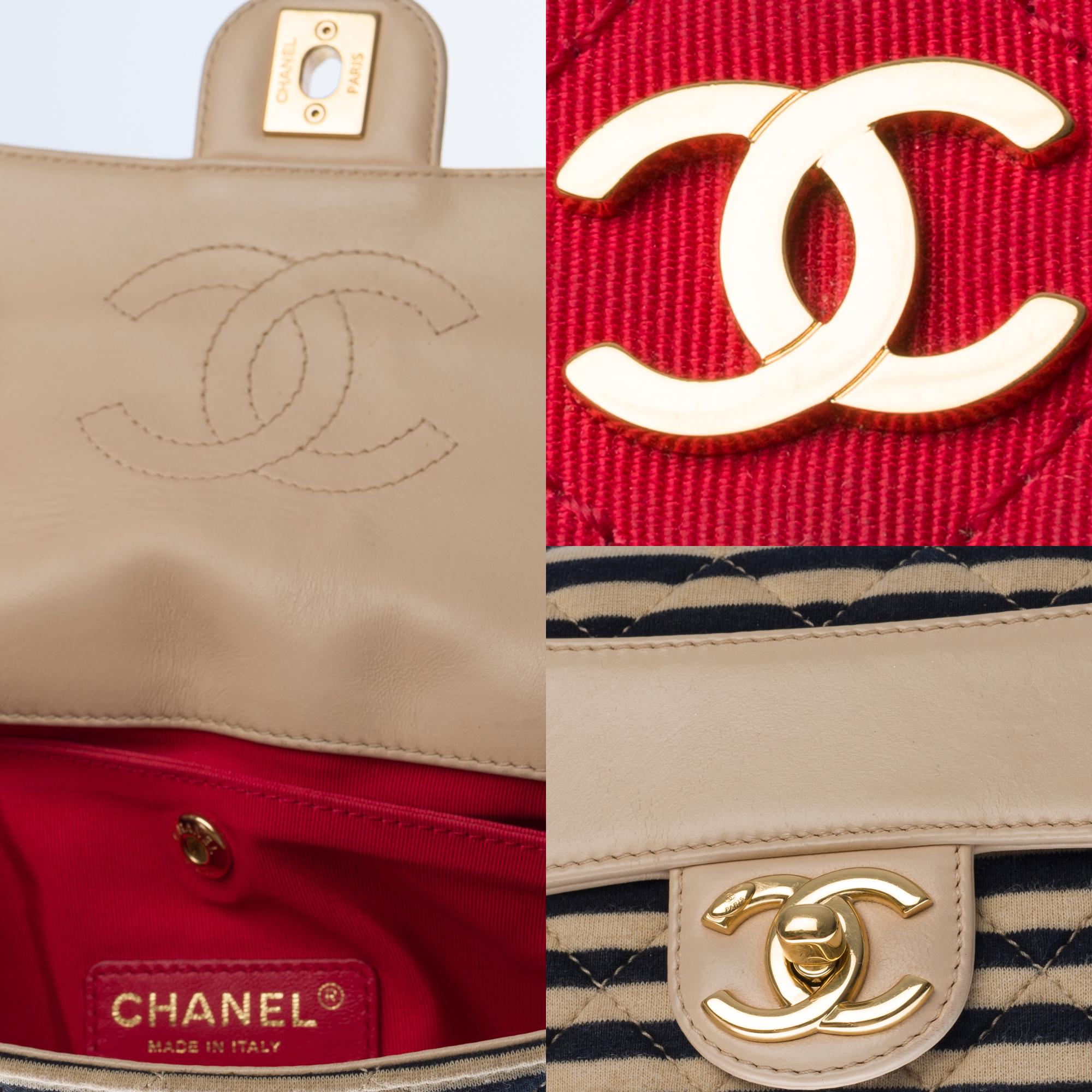 Beige Chanel New Mini Timeless Shoulder bag in beige leather & blue navy cotton, GHW