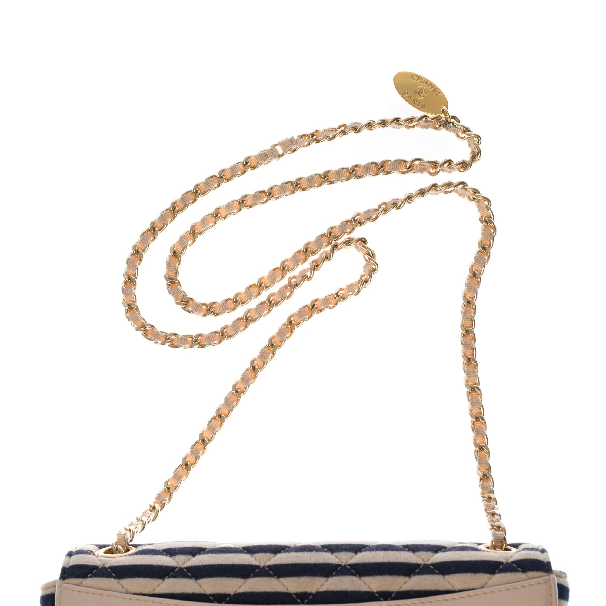 Chanel New Mini Timeless Shoulder bag in beige leather & blue navy cotton, GHW 1