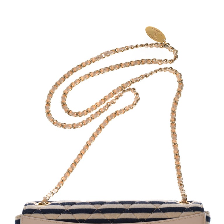 Chanel New Mini Timeless Shoulder bag in beige leather & blue navy cotton,  GHW