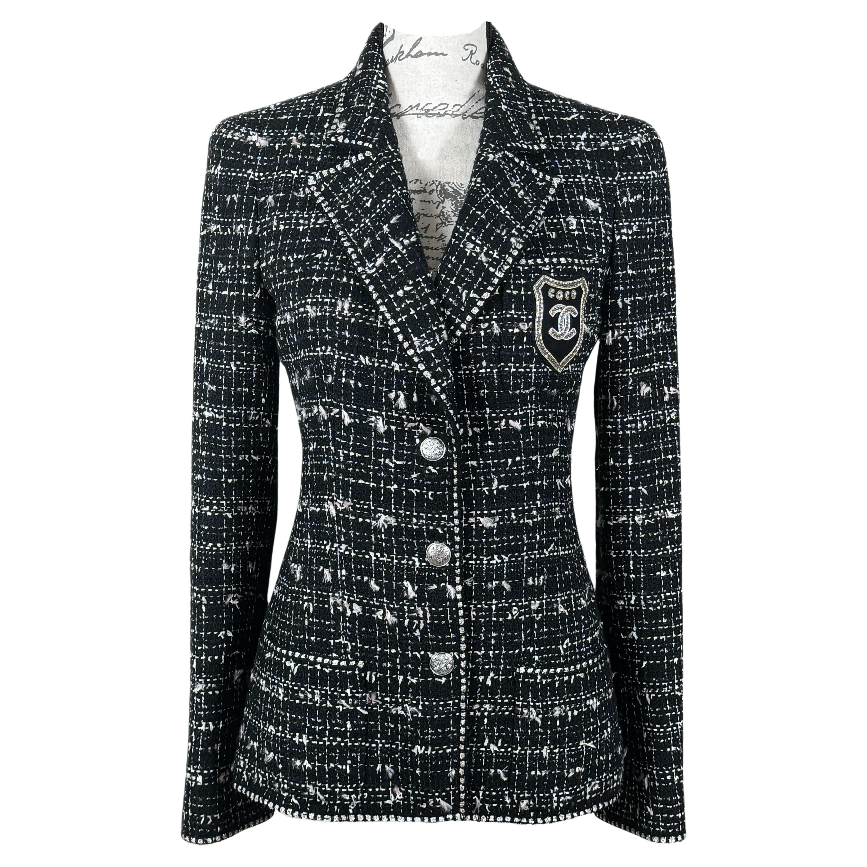 Chanel New Most Hunted CC Patch Black Tweed Jacket For Sale