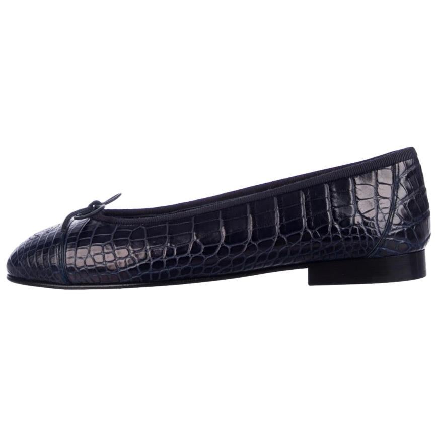 Chanel NEW Navy Blue Alligator Exotic CC Logo Bow Ballerina Flats Shoes