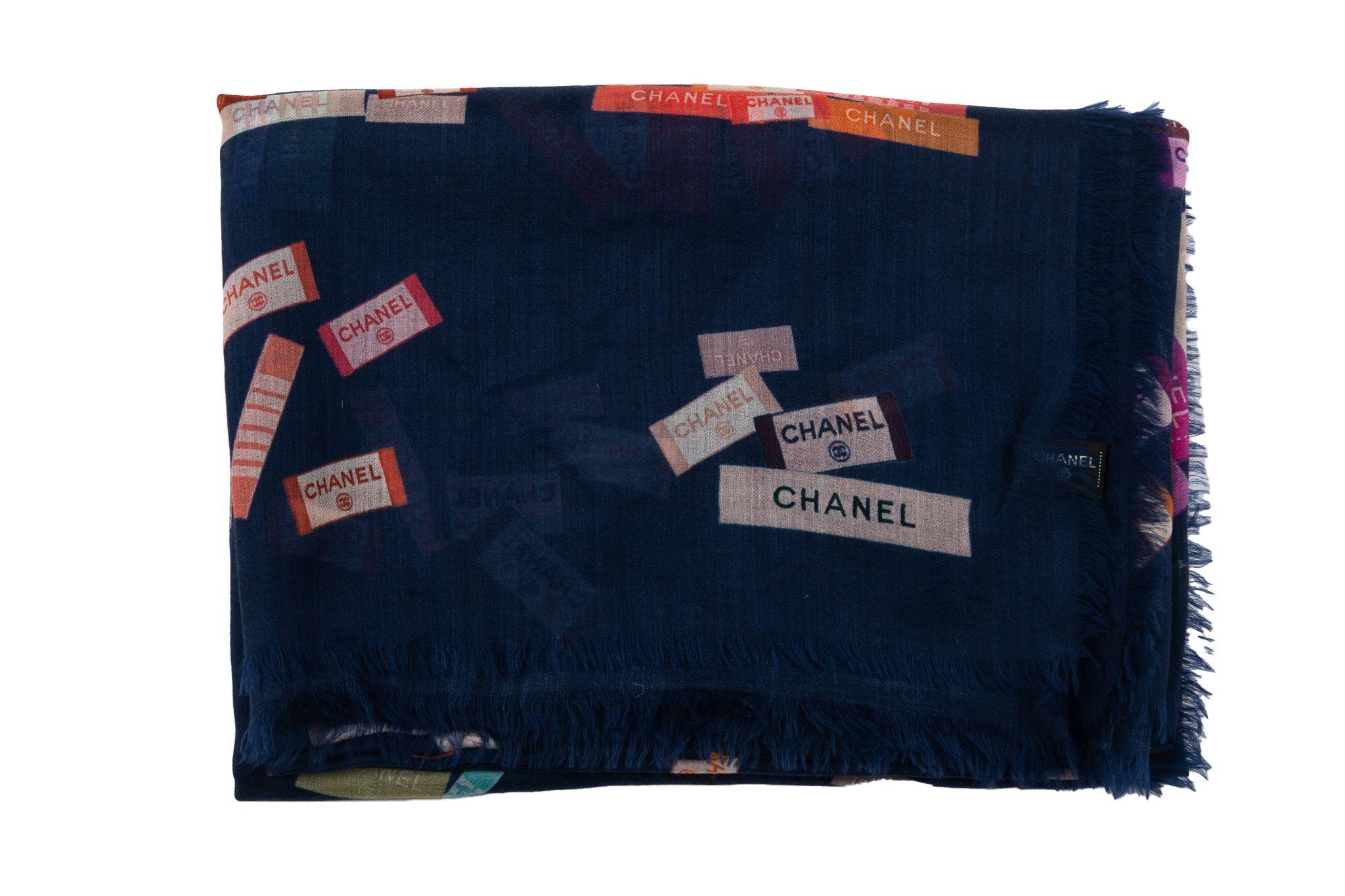 Chanel new navy cashmere shawl with multicolor labels design. Very light and delicate. Care tag.