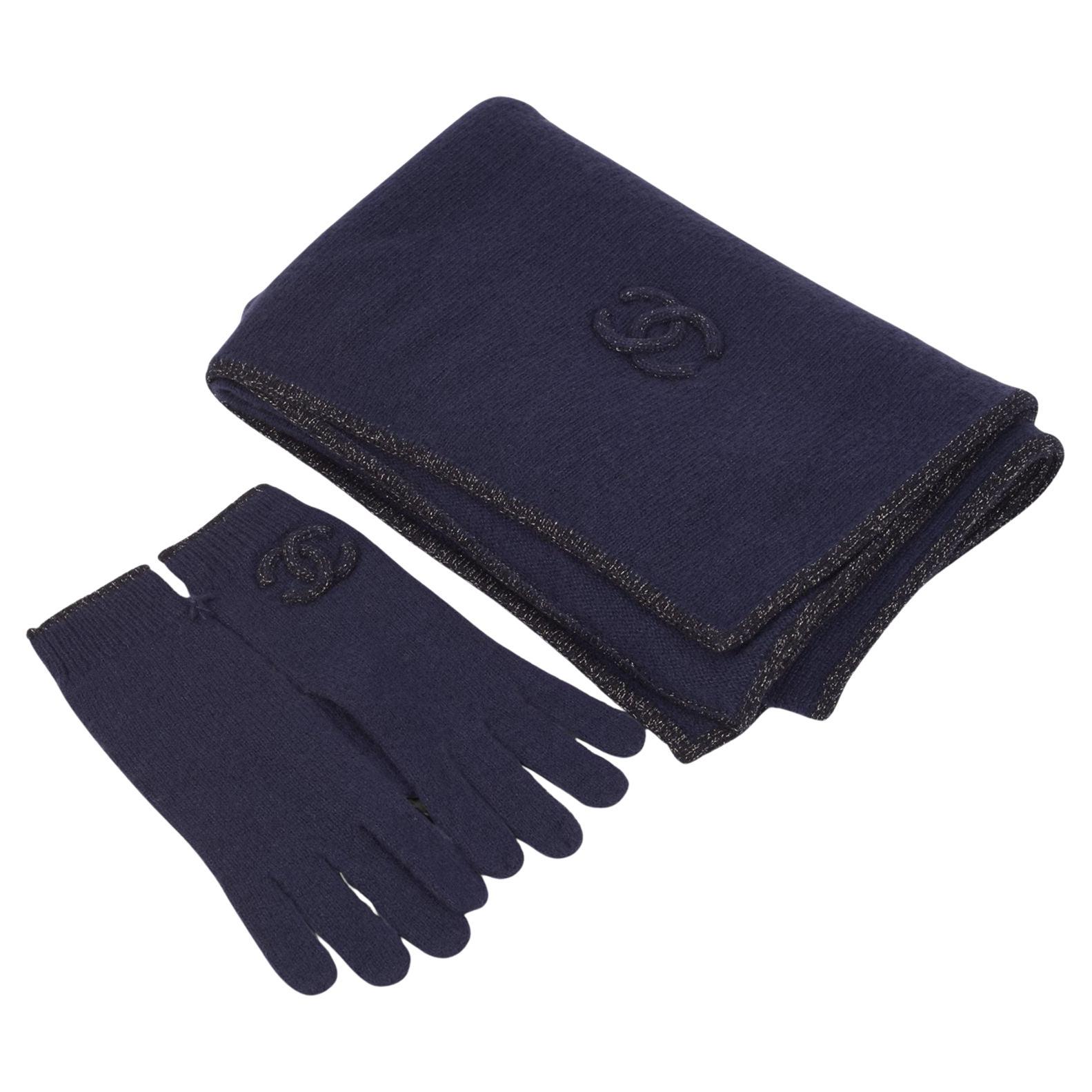 Chanel New Navy Lurex Cashmere Scarf
Glove Set