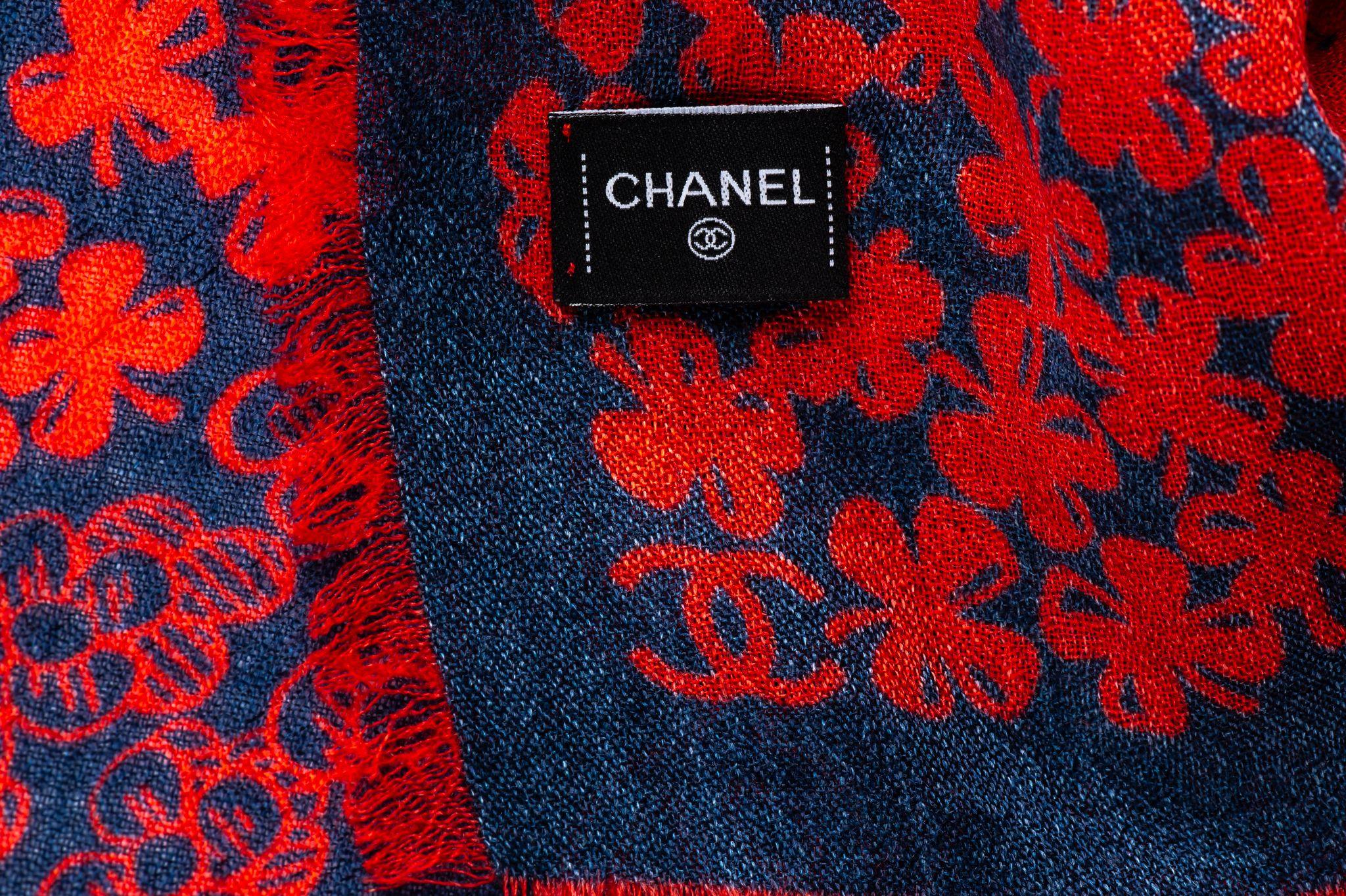 Black Chanel New Navy Red Cashmere Shawl For Sale