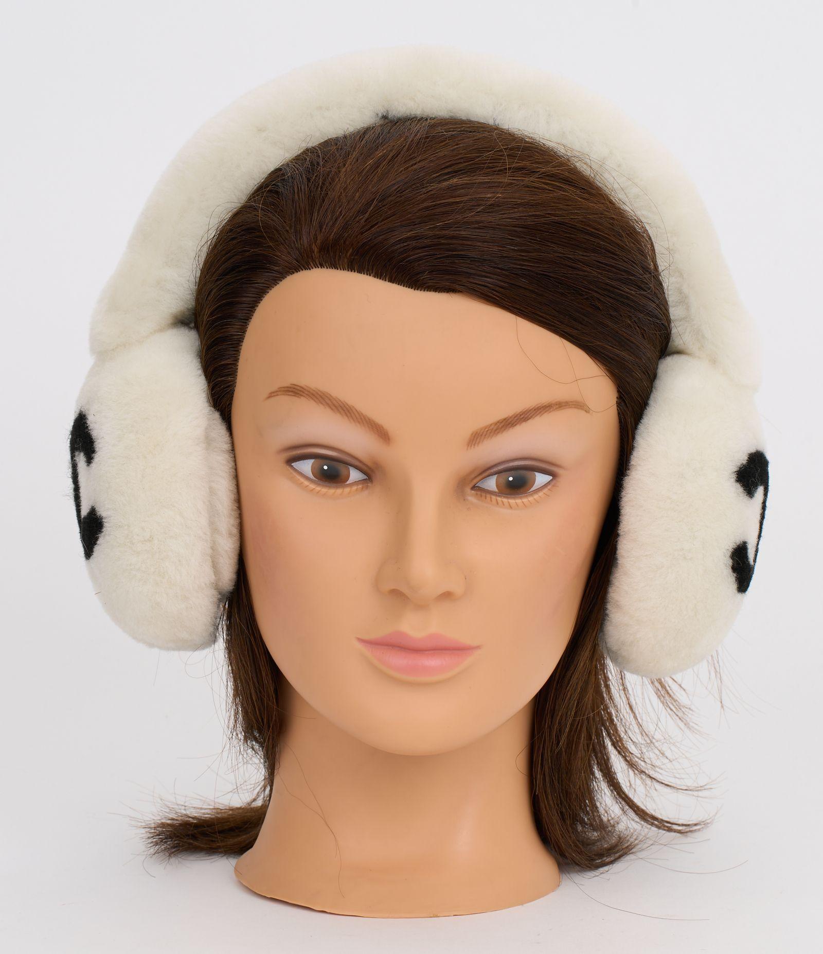 Original Chanel CC Shearling Ear Muffs in white and black. The earmuffs are made out of shearling and have a CC logo on each side. The piece is brand new.