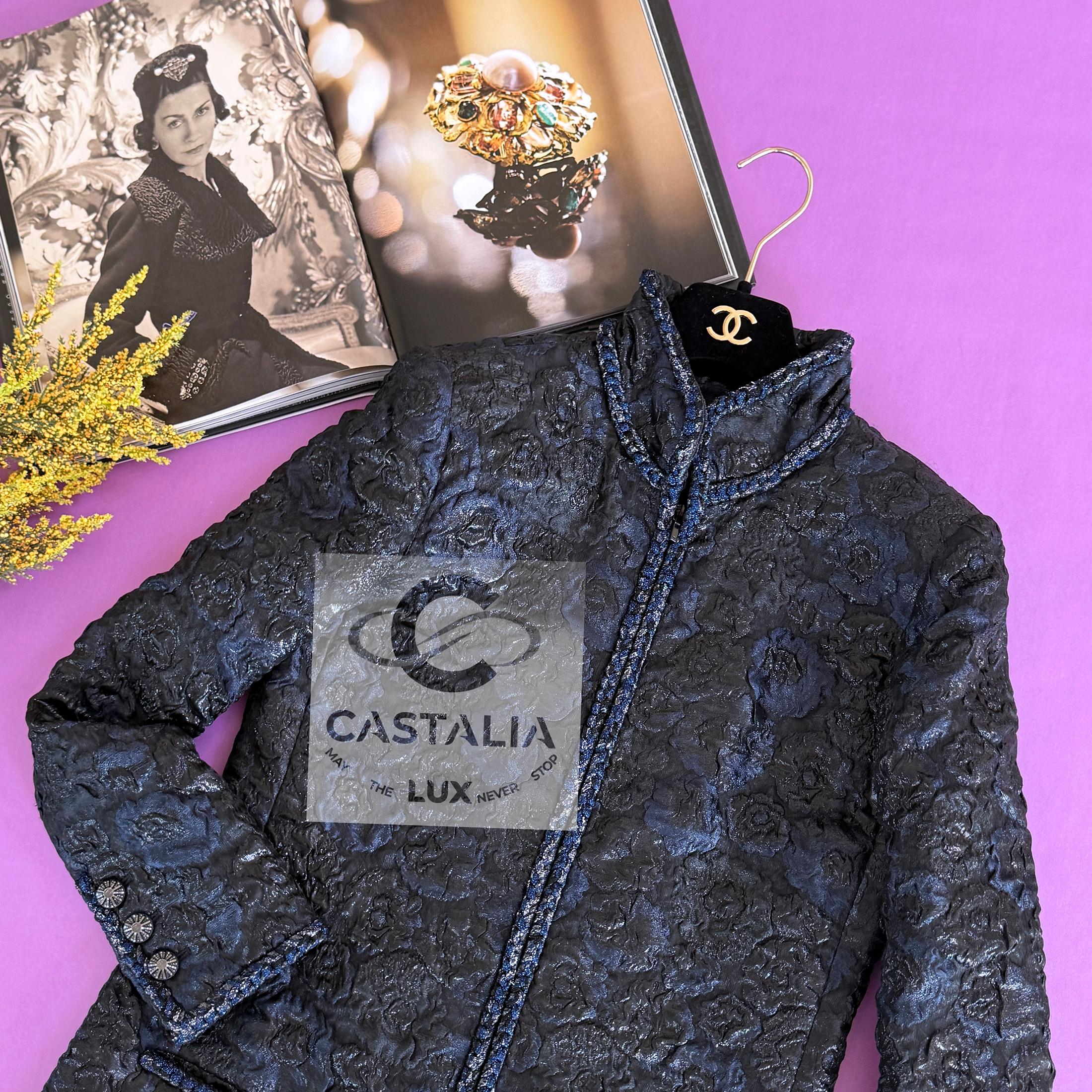 Black Chanel New Opulent Jacquard Jacket with Camellias 36 FR For Sale
