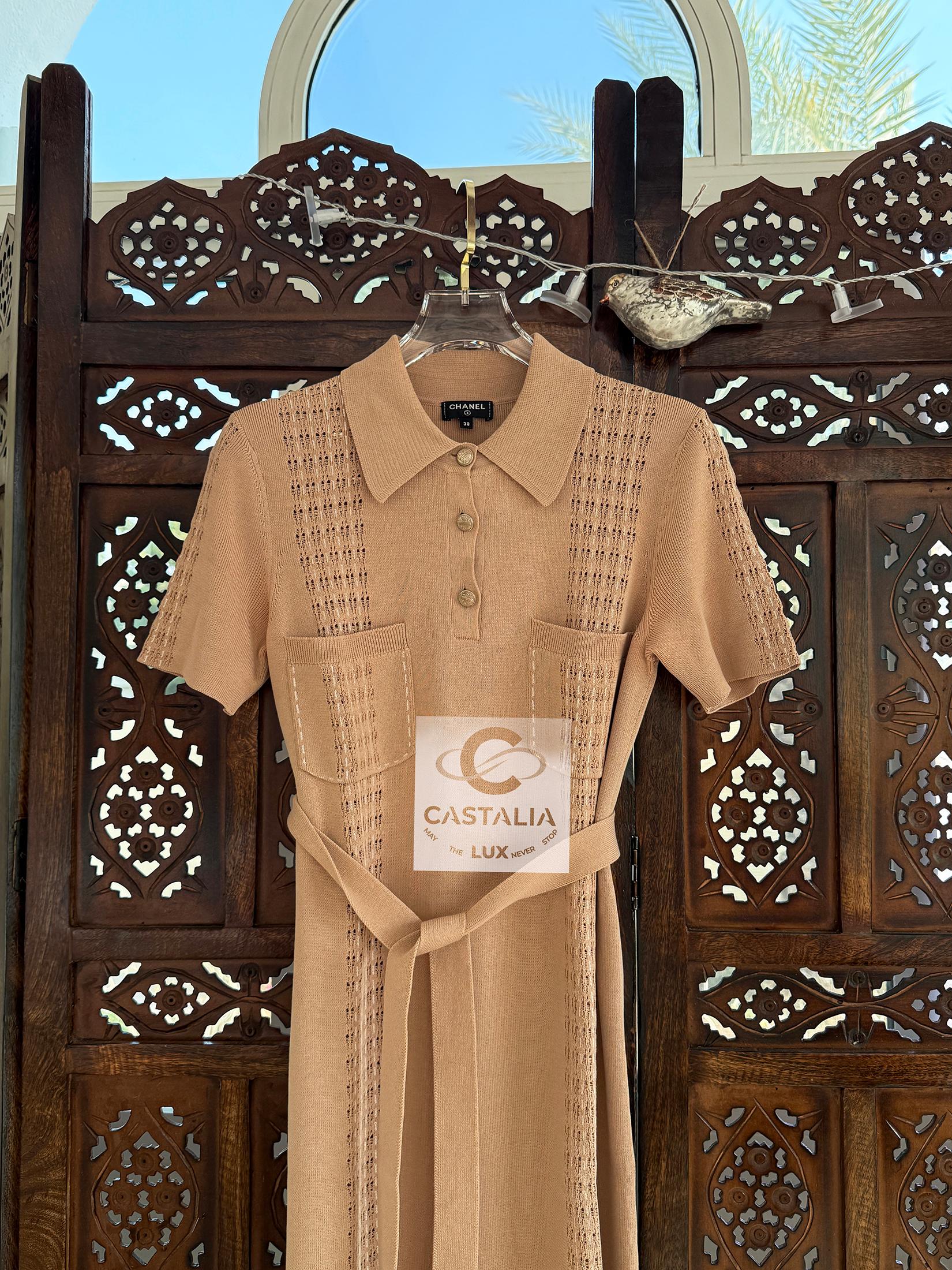 Chanel New Paris / Cuba Beige Belted Dress 38 FR In New Condition For Sale In Dubai, AE