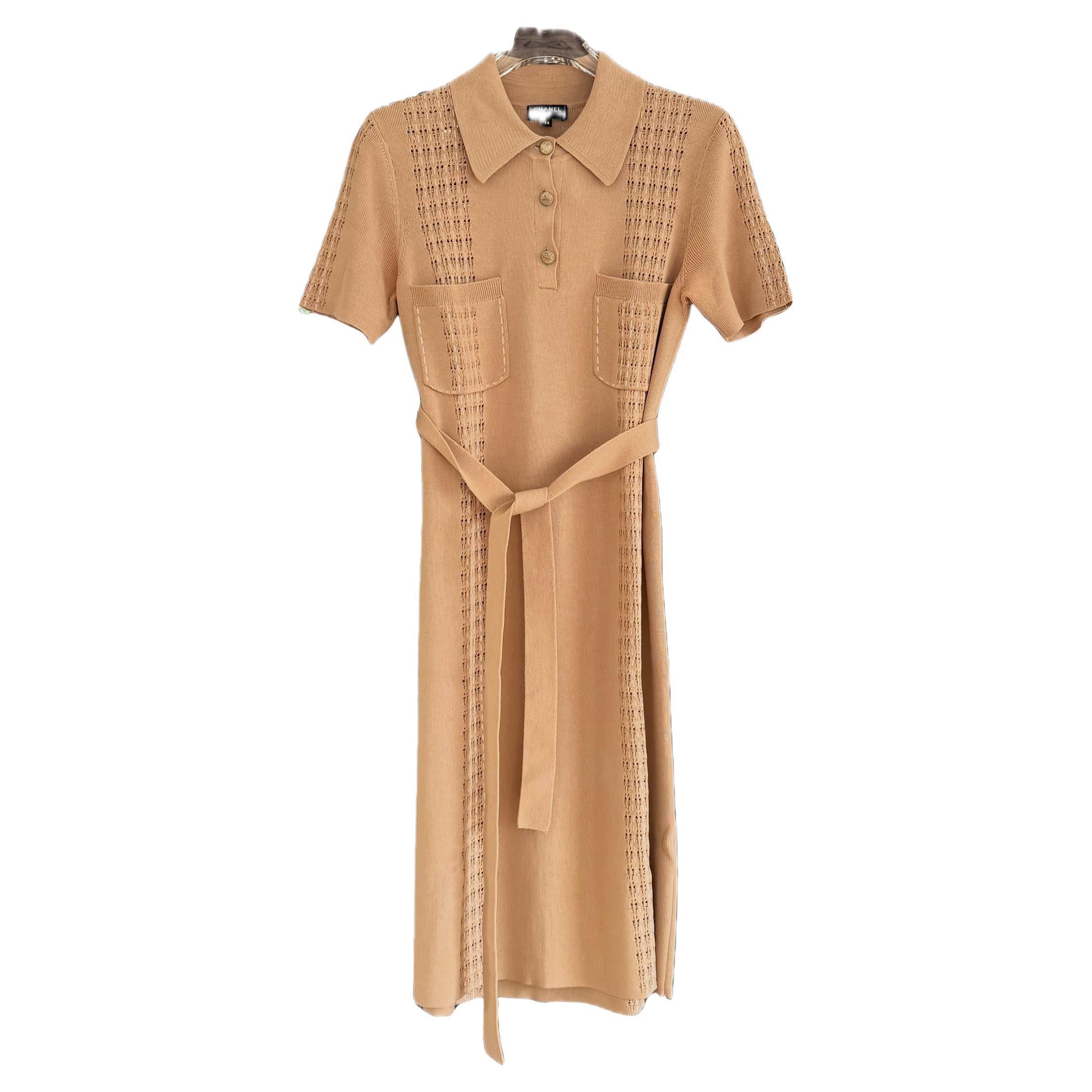 Chanel New Paris / Cuba Beige Belted Dress 38 FR For Sale
