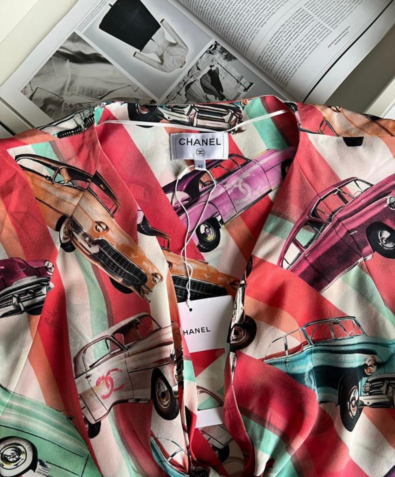 Chanel New Paris / Cuba Retro Cars CC Logo Silk Blouse 6