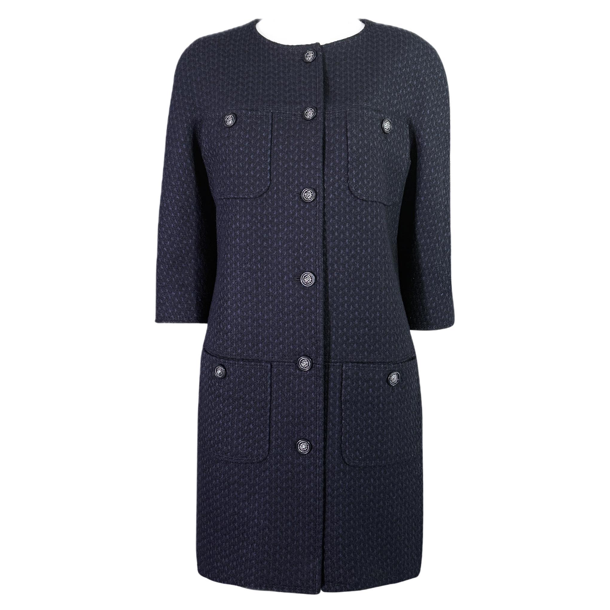 Chanel New Paris / Edinburgh CC Schwarzer Tweed-Mantel mit Knöpfen aus schwarzem Tweed 38 FR