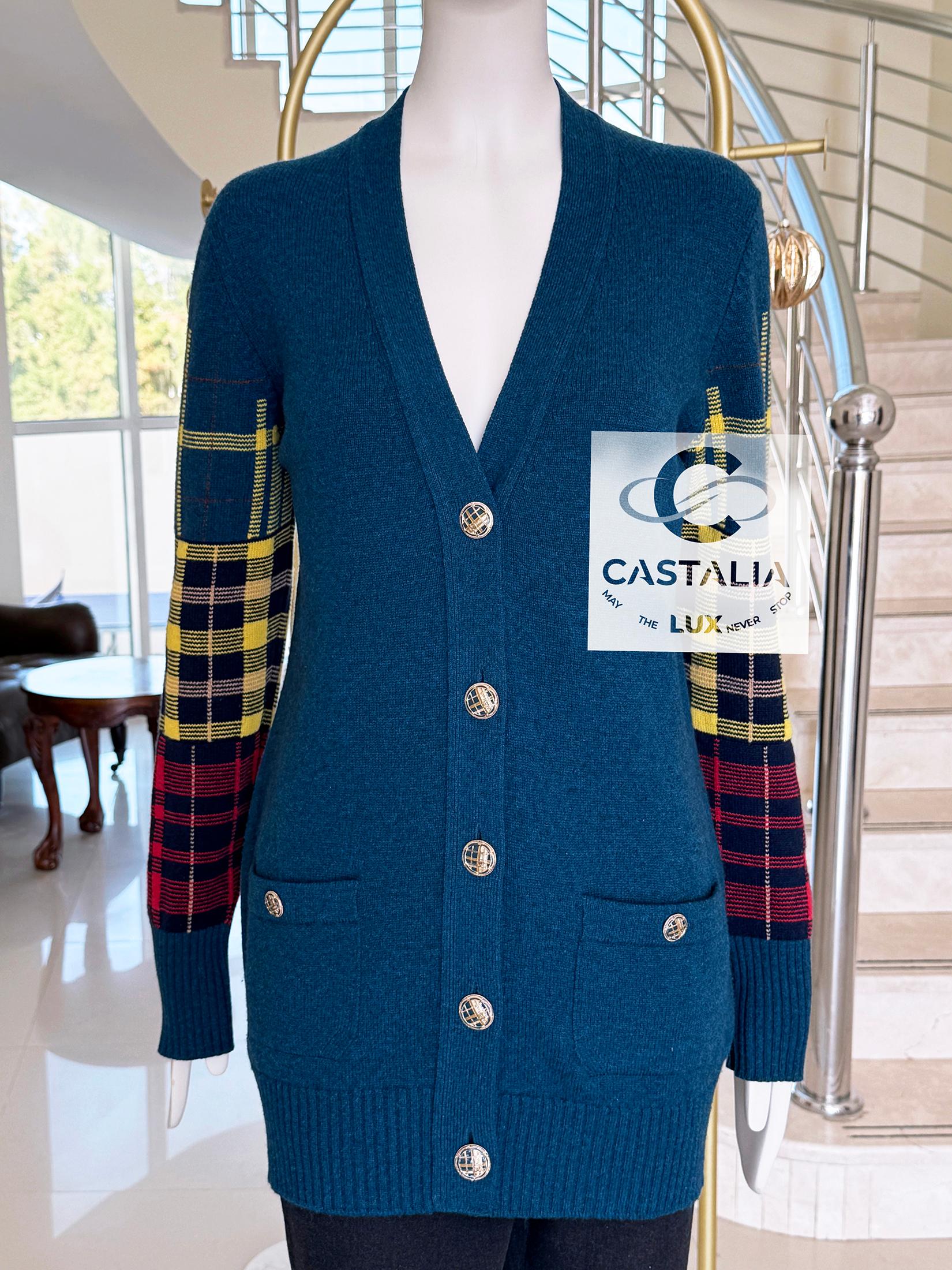 Blue Chanel New Paris / Edinburgh Tartan Sleeves Runway Cardigan 38 FR