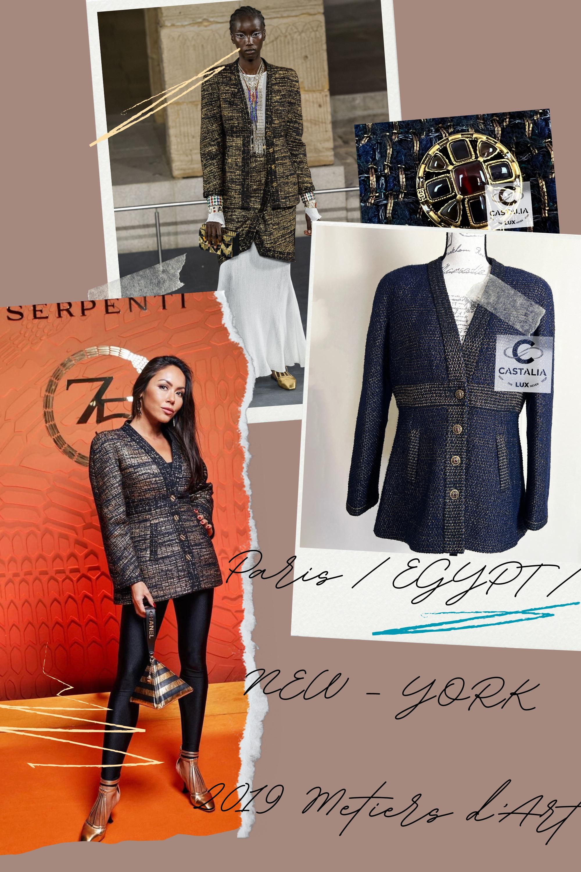 New Chanel navy lesage tweed jacket from Paris / NEW-YORK / EGYPT Collection, 2019 Metiers d'Art
Size mark 36 FR / Condition: never worn
- CC logo Gripoix buttons
- tonal silk lining, chain link at hem