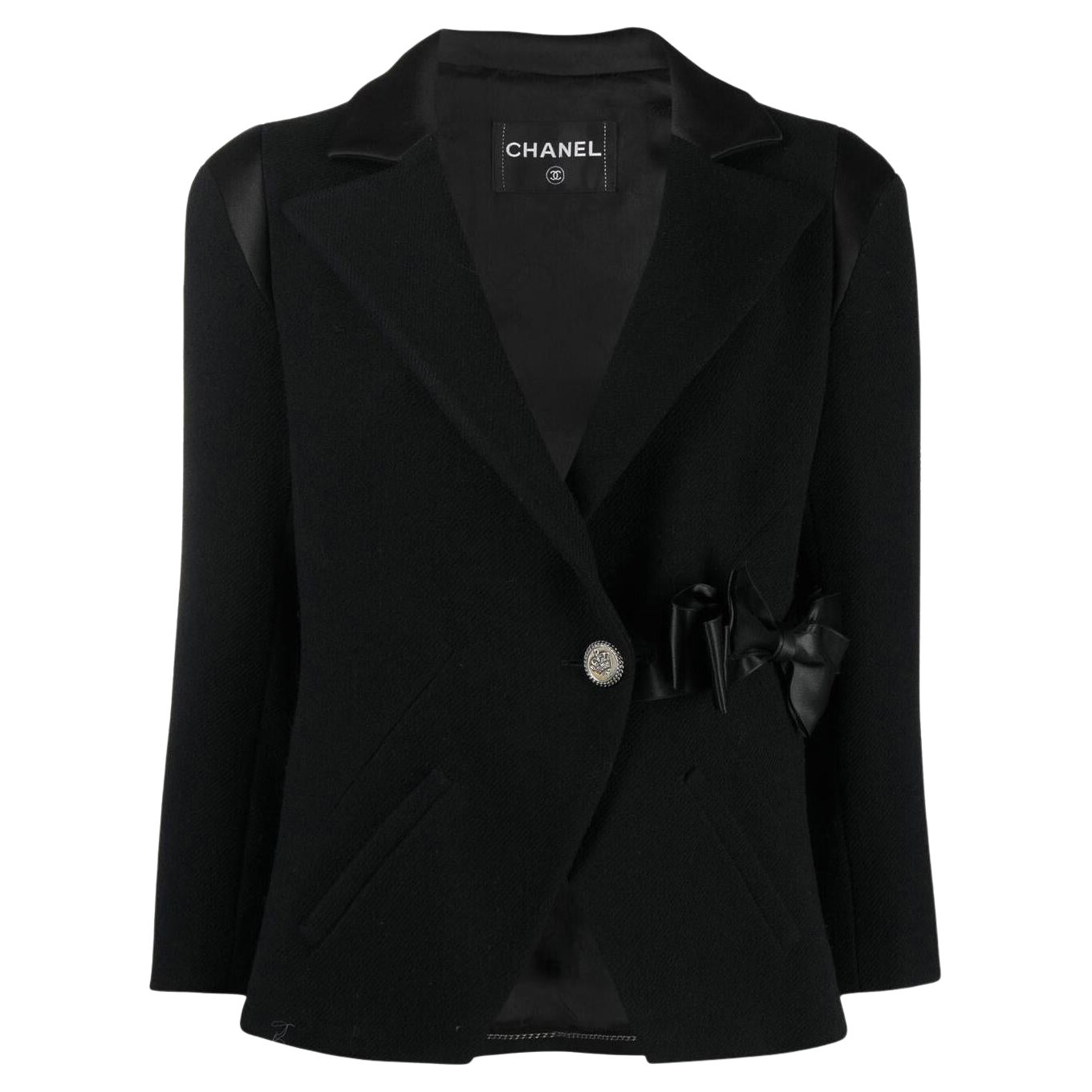 Chanel Nueva París / Londres Chaqueta de tweed negra con lazo 40 FR