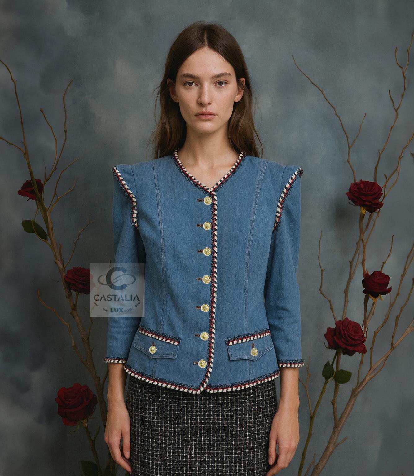 Blu Chanel New Paris / Versailles Giacca di jeans stile barocco 42 FR in vendita