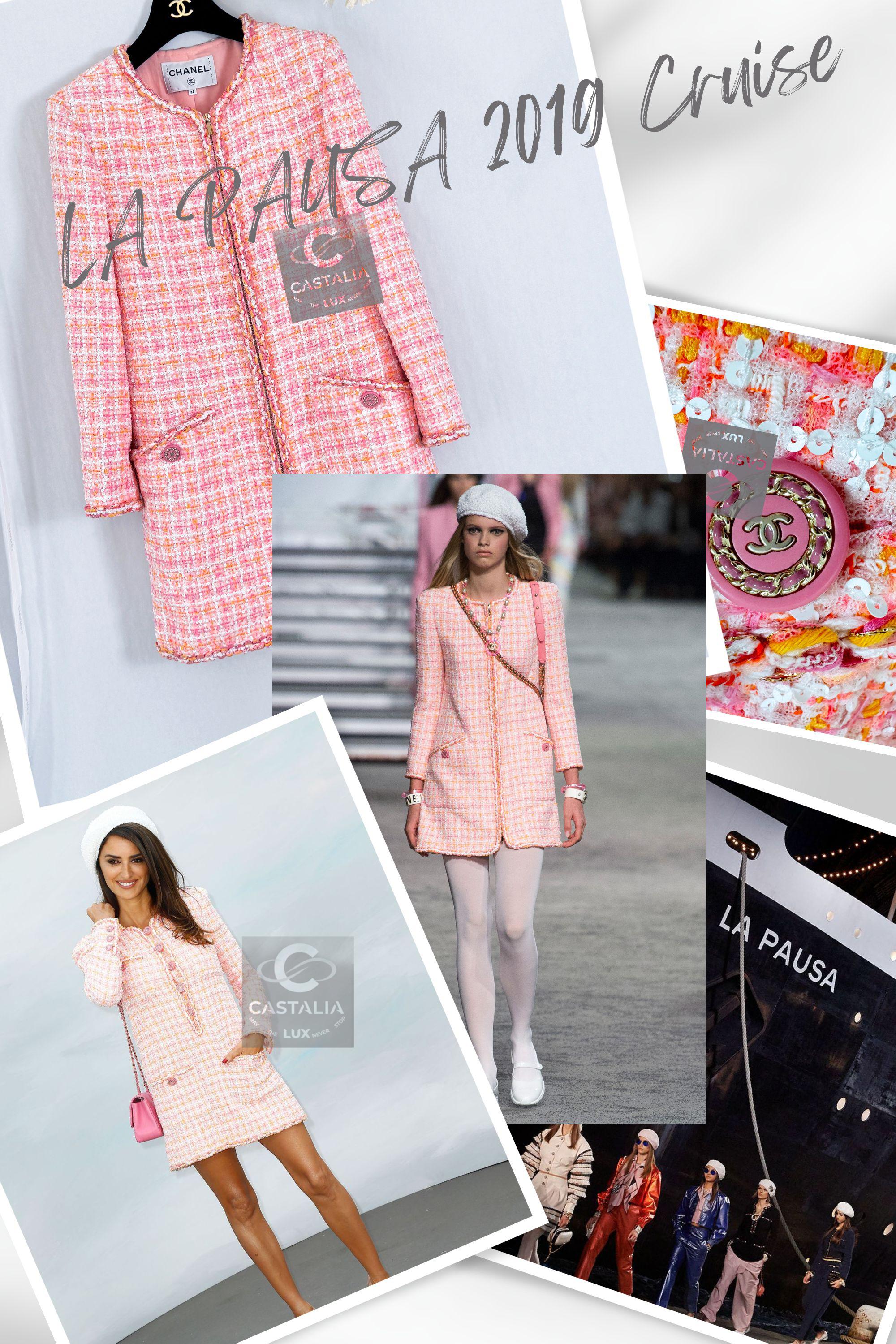 Ikonische Chanel Tweedjacke mit Paillettenverzierung - aus der Runway of 2019 Cruise LA PAUSA Collection
Wie bei Penelope Cruz gesehen!
Größenbezeichnung 38 FR. 
Zustand: nie getragen
- CC Logo-Knöpfe mit Kettengliedbesatz
- atemberaubender