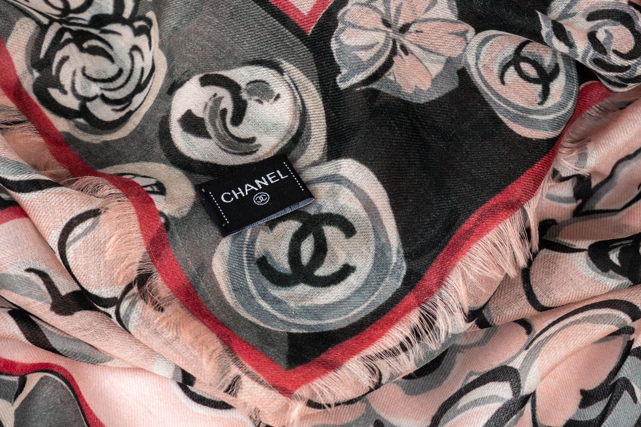 Brown Chanel New Pink Camellia Cashmere Shawl For Sale