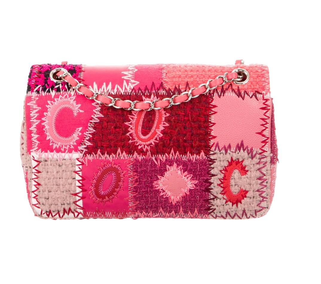 Chanel NEW Pink Canvas Patchwork Embroidery Jumbo Evening Shoulder Flap ...