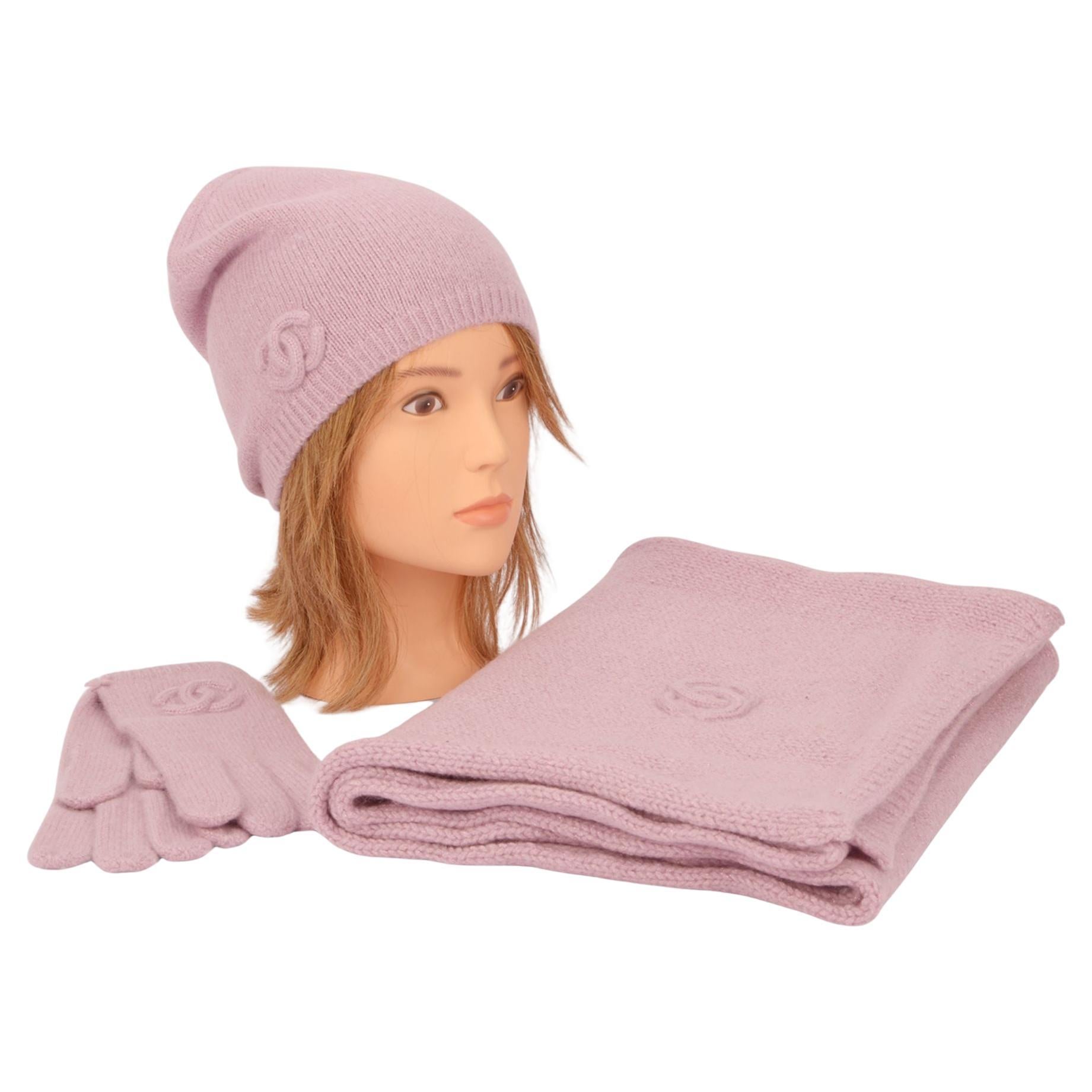 Chanel New Pink Cashmere Knit Hat Gloves Scarf Set im Angebot