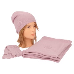 Chanel New Pink Cashmere Knit Hat Gloves Scarf Set