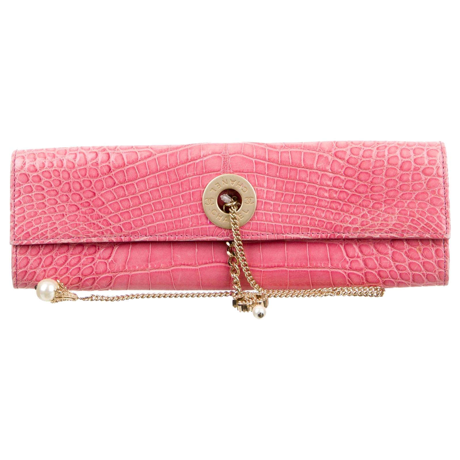 Chanel NEW Pink Crocodile Exotic Gold Chain Envelope Evening Clutch Flap Bag