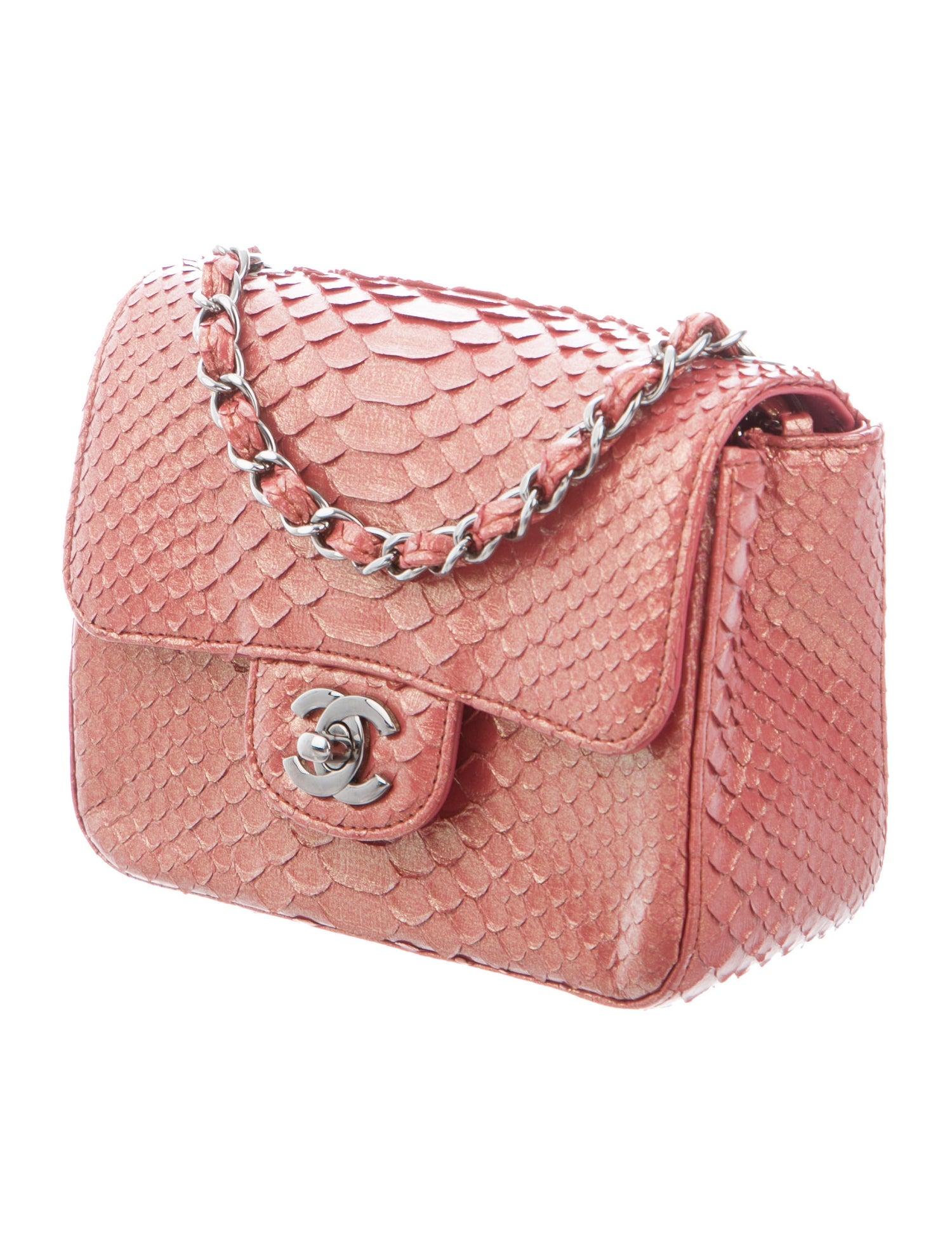 Women's Chanel NEW Pink Gold Snakeskin Leather Evening Small Shoulder Flap Bag