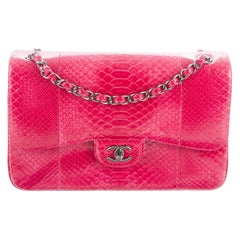 Chanel NEW Pink Snakeskin Exotic Skin Leather Silver Evening Shoulder Flap Bag 