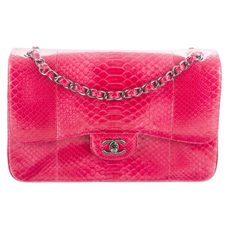 Chanel NEW Pink Snakeskin Exotic Skin Leather Silver Evening Shoulder Flap  Bag