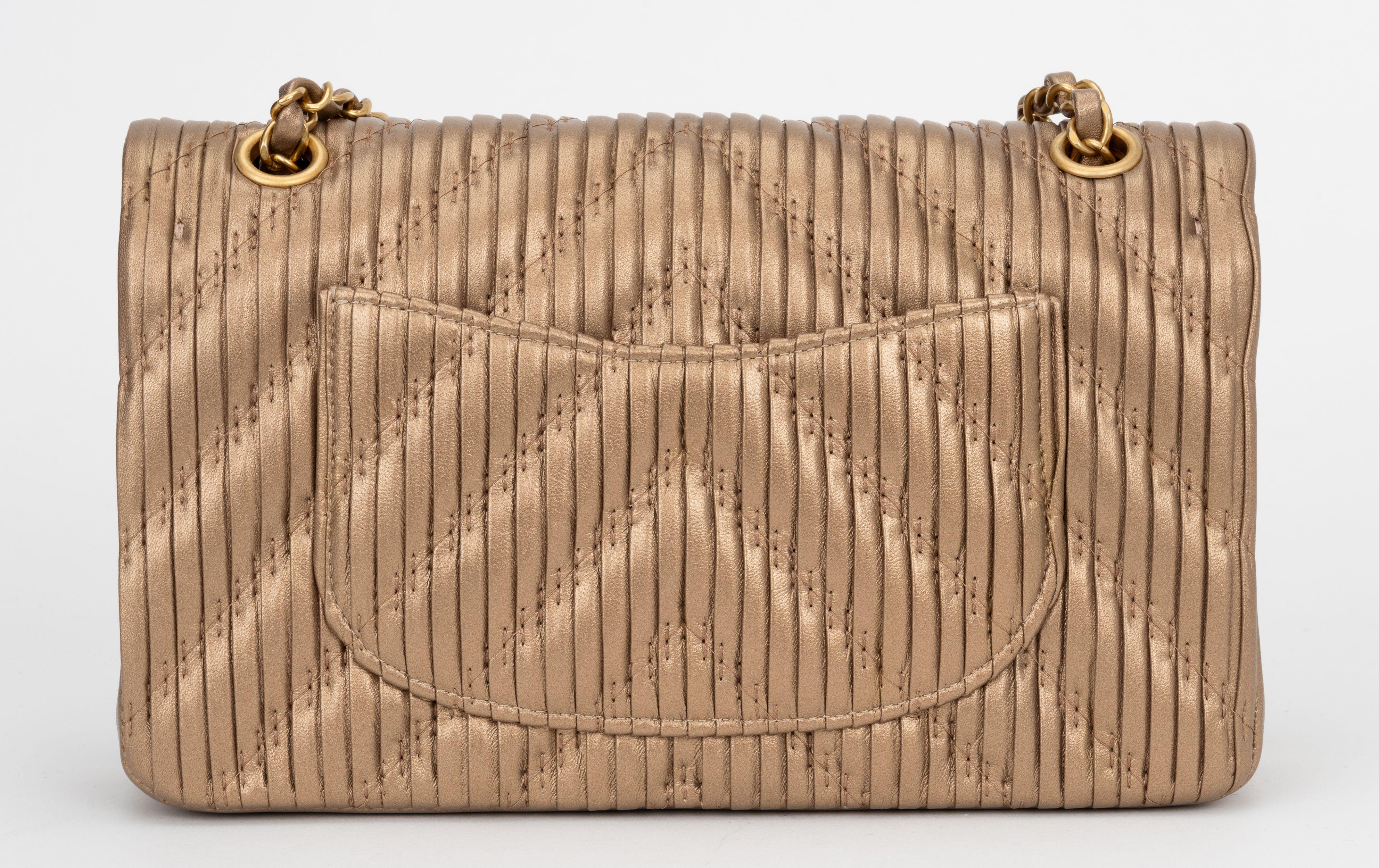 Brown Chanel New Pleated Gold Double Flap For Sale