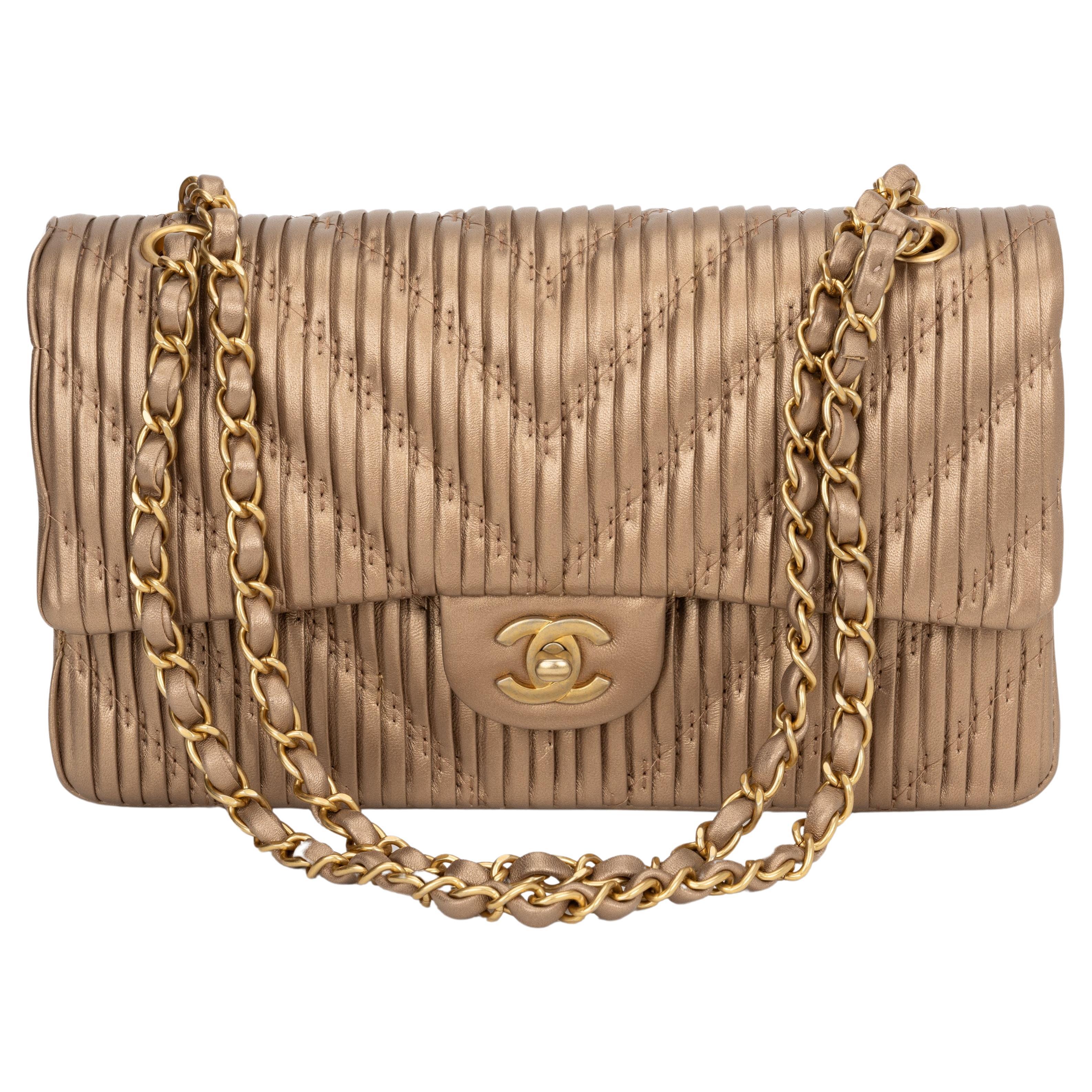 Chanel New Pleated Gold Double Flap For Sale