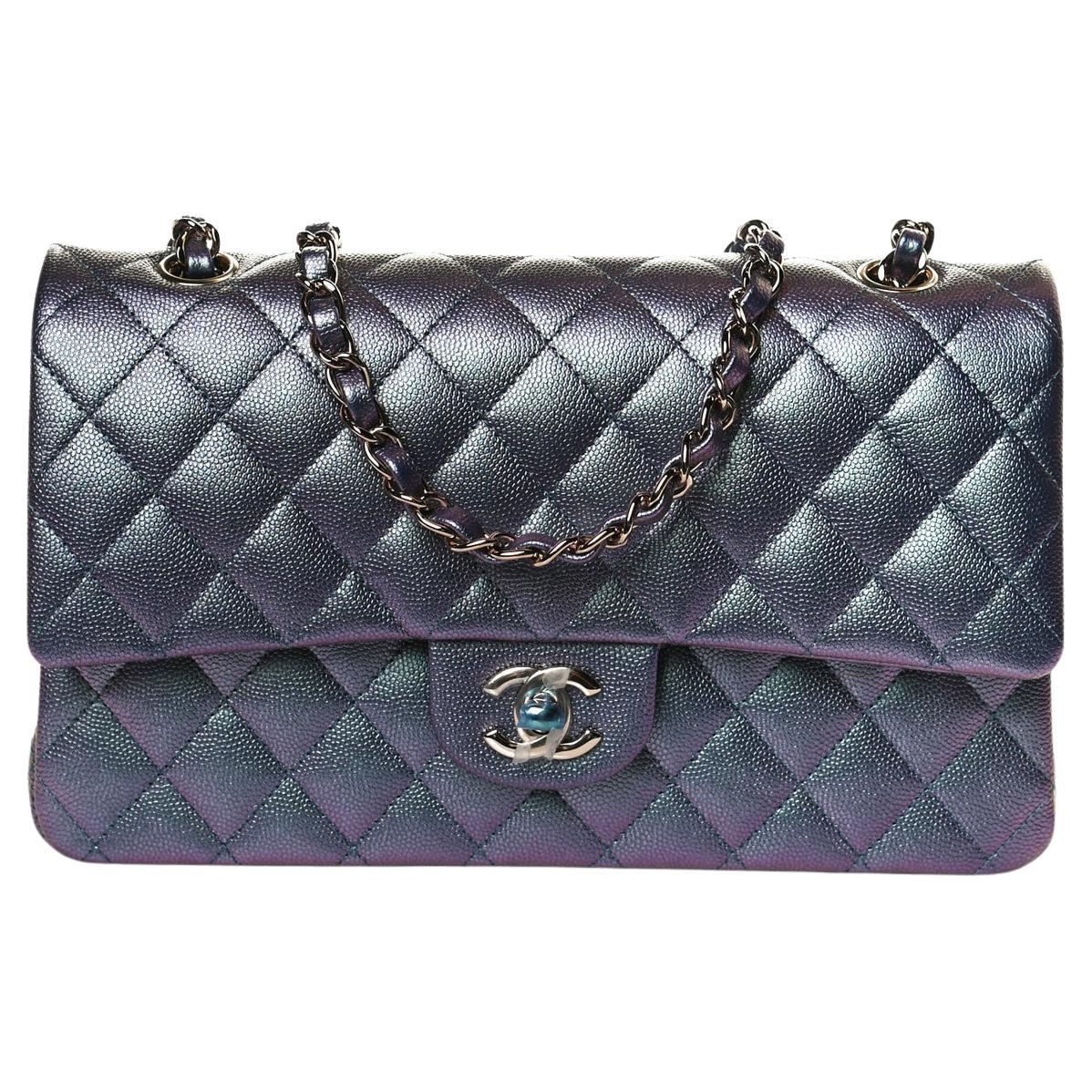 CHANEL NEW Purple Blue Metallic Iridescent Caviar Leather Gold Shoulder  Flap Bag