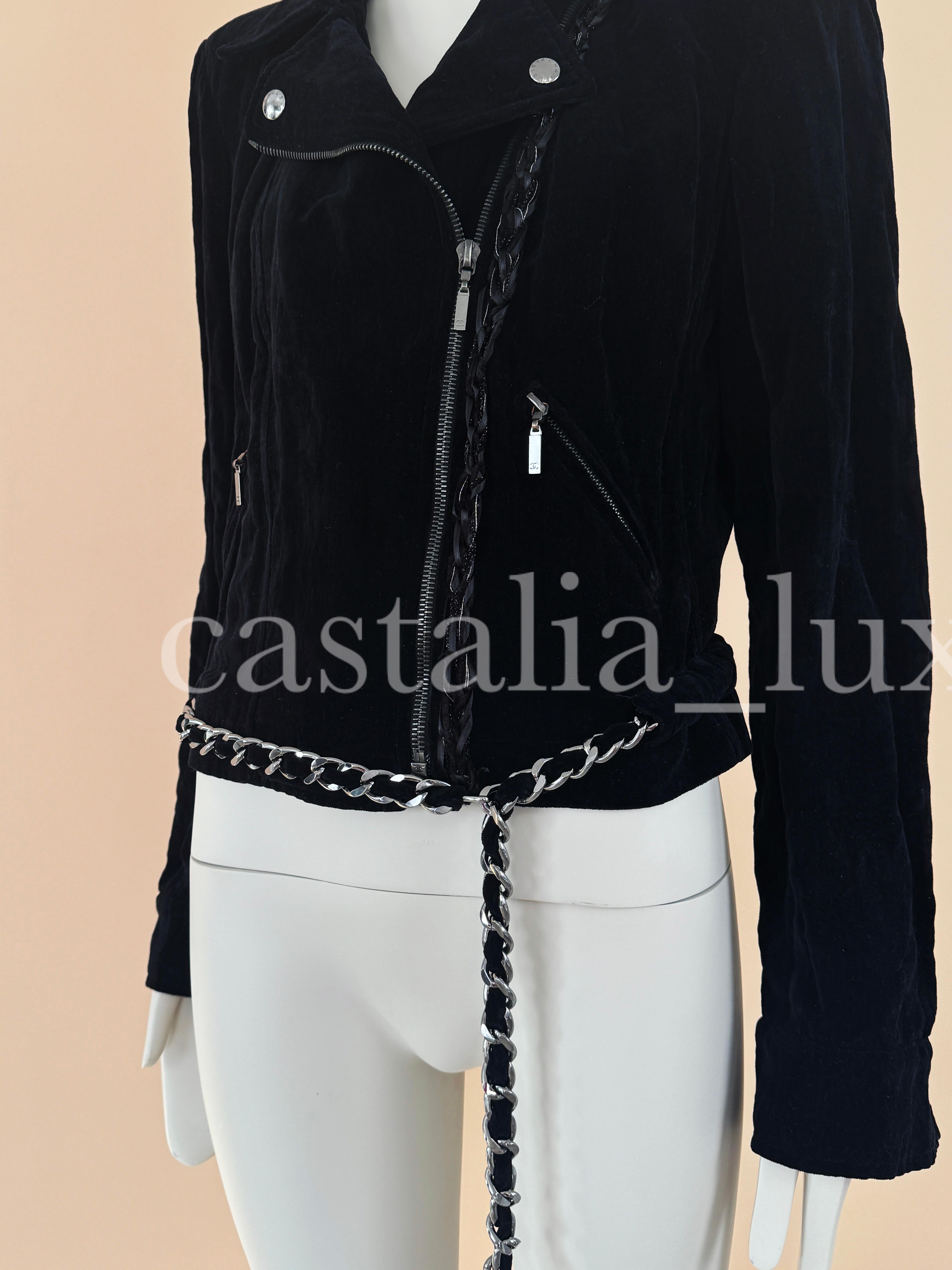 Black Chanel New Rarest Chain Trim Velvet Biker Jacket