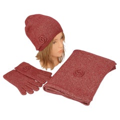 Chanel New Red Knit Cashmere Hat Scarf Gloves Set
